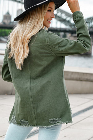Green Casual Ripped Raw Hem Button Up Denim Shacket