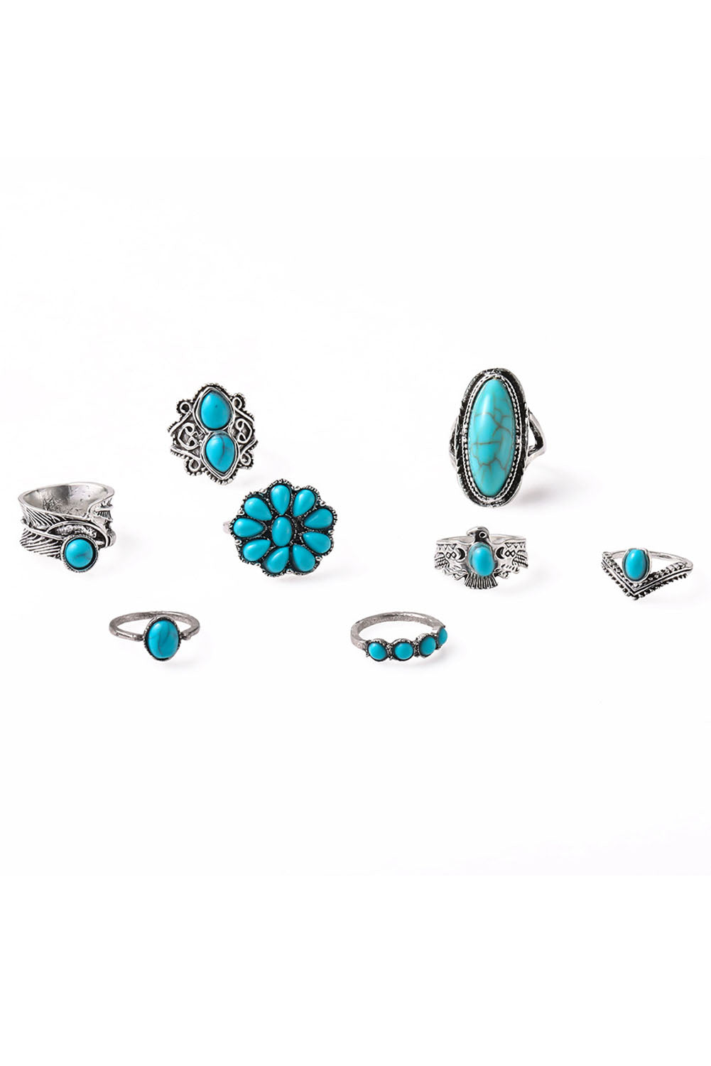 Green 8Pcs Vintage Western Turquoise Ring Set