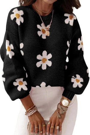 Black Floral Pattern Drop Shoulder Knit Sweater