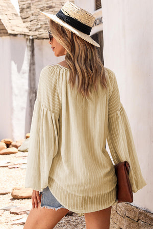 Brown Lantern Sleeve Tassel Drawstring Tie Blouse