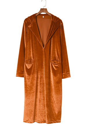 Brown Casual Velvet Lapel Pocket Long Coat
