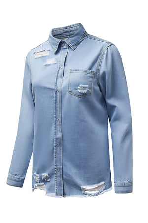 Green Casual Ripped Raw Hem Button Up Denim Shacket