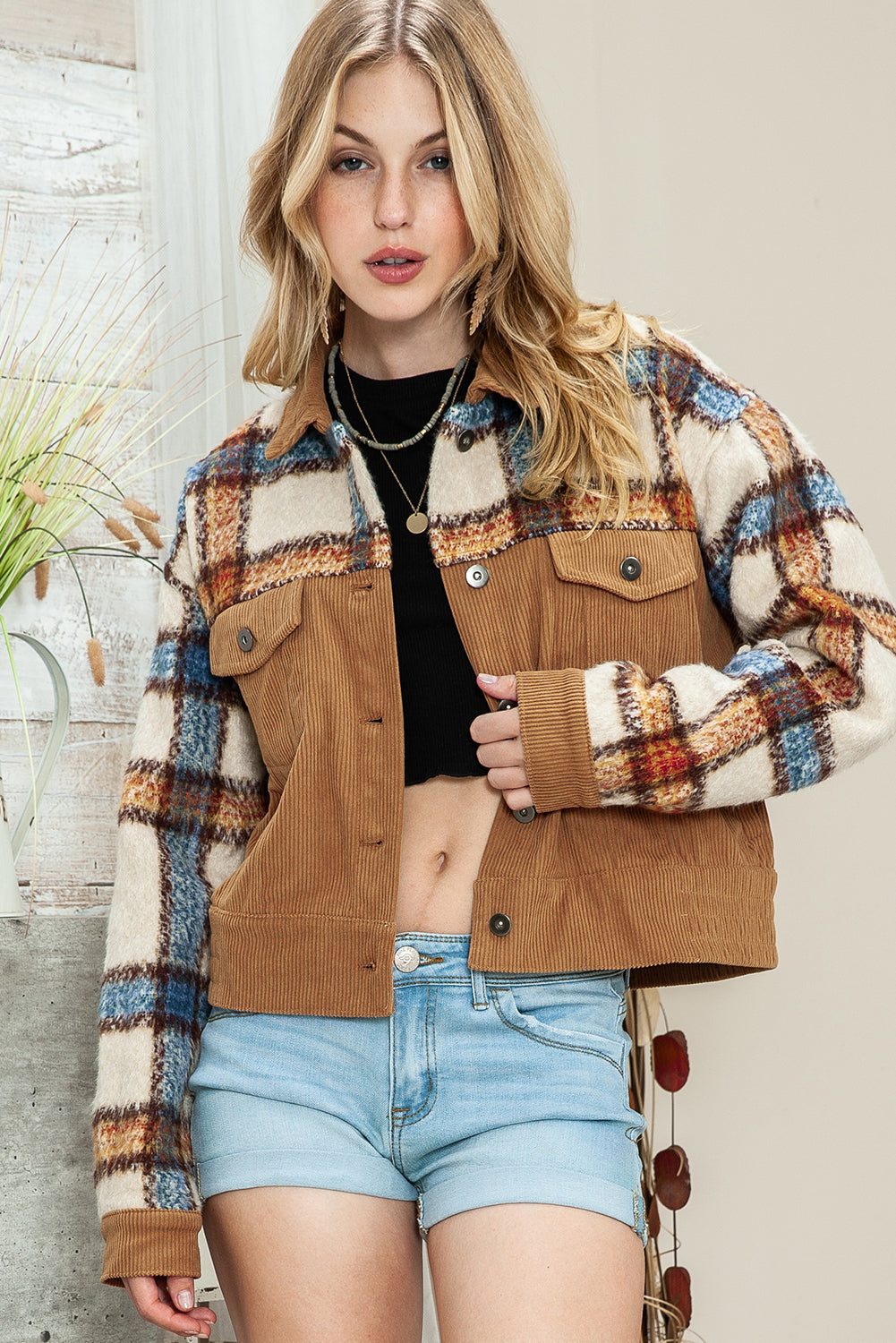Green Plaid Corduroy Flap Pockets Boxy Chunky Jacket