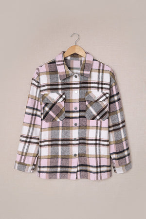 Brown Plaid Button Up Long Sleeve Flannel Jacket