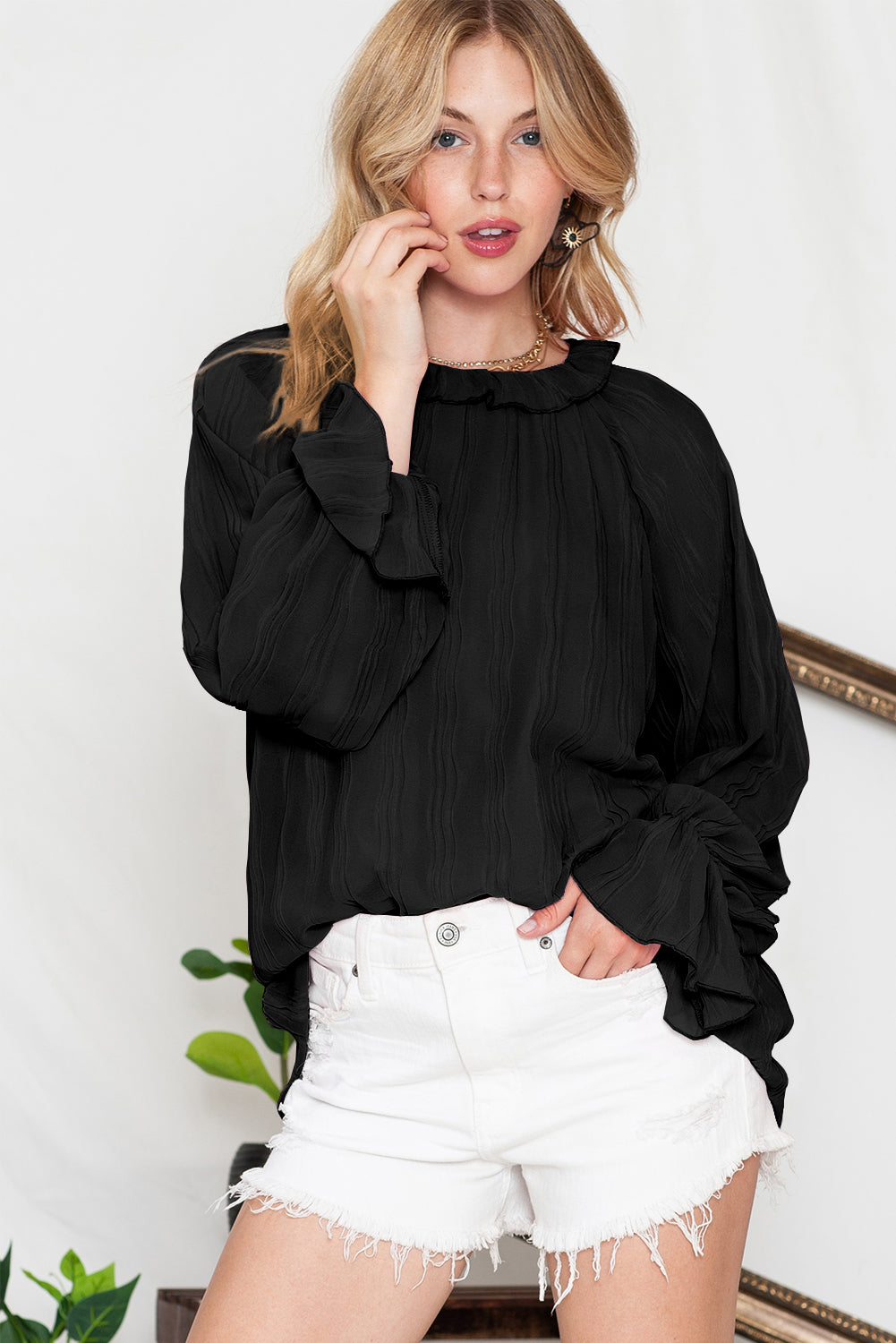 Black Crinkle Frilled Neck Pleated Long Sleeve Blouse