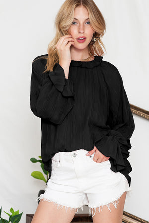 Black Crinkle Frilled Neck Pleated Long Sleeve Blouse