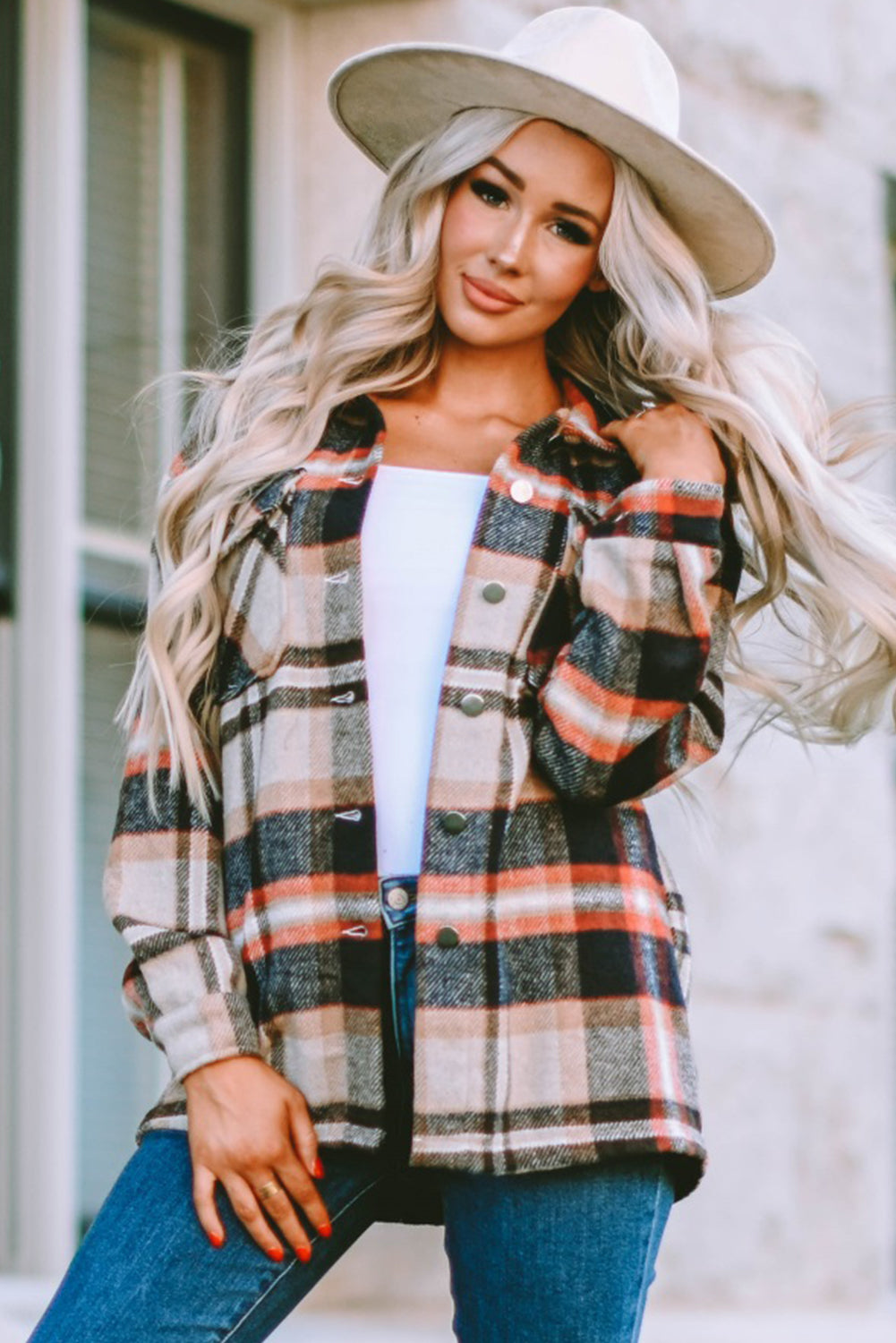 Brown Plaid Button Up Long Sleeve Flannel Jacket