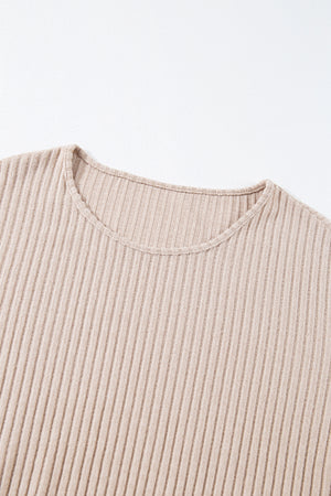 Beige Lettuce Cuffs Drop Shoulder Loose Ribbed Knit Top
