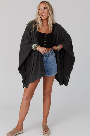 Black Textured Lace Trim Open Front Kimono Cardigan