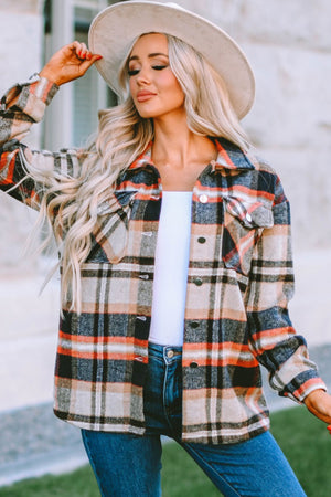 Brown Plaid Button Up Long Sleeve Flannel Jacket