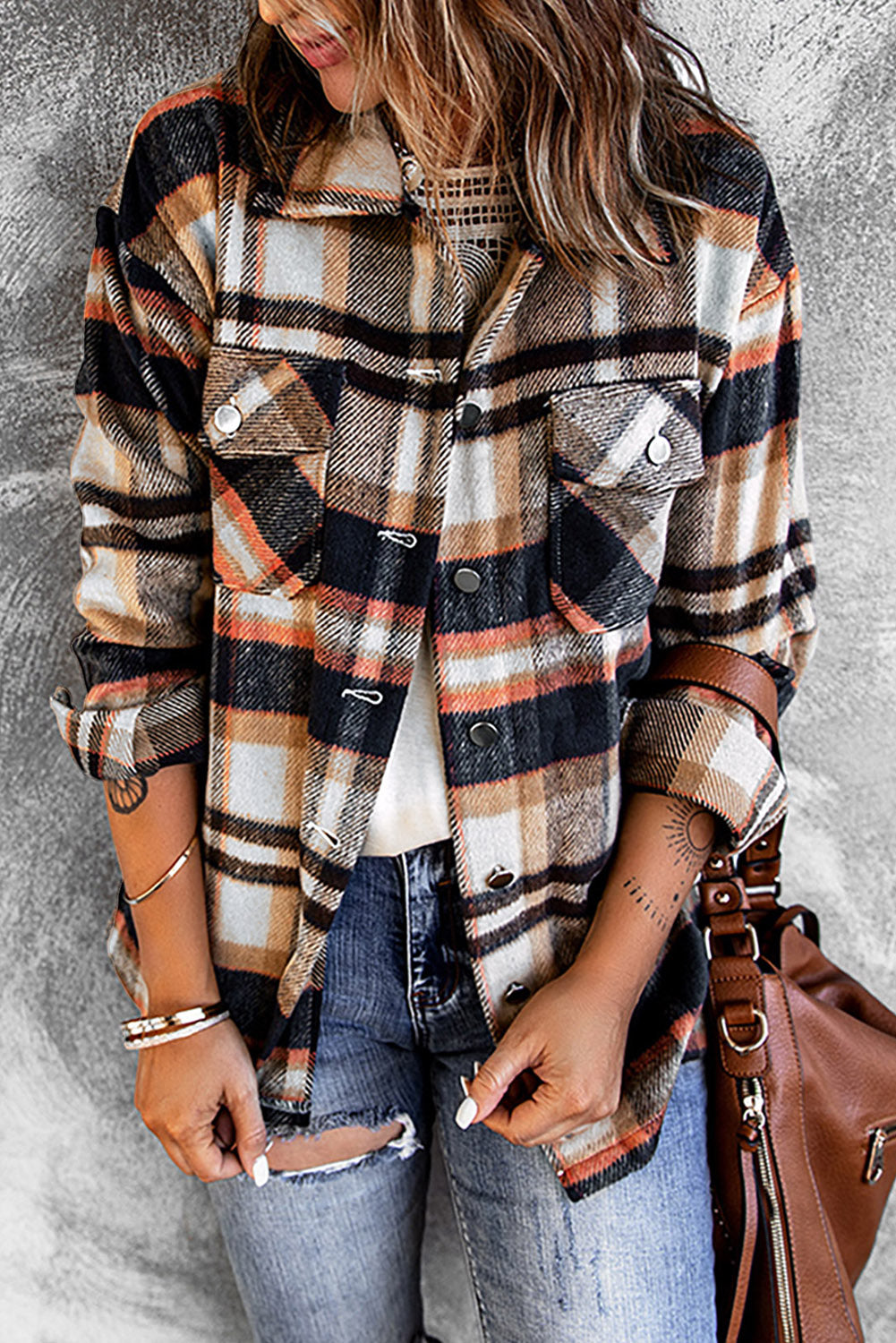 Brown Plaid Button Up Long Sleeve Flannel Jacket