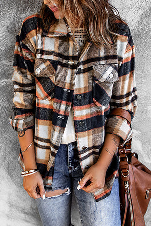 Brown Plaid Button Up Long Sleeve Flannel Jacket