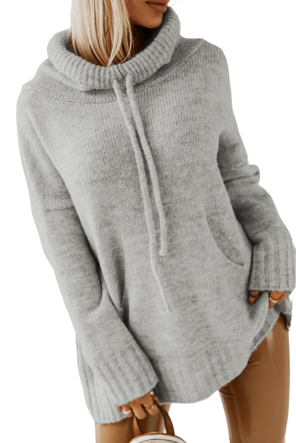 Gray Cowl Neck Drawstring Hooded Pullover Sweater