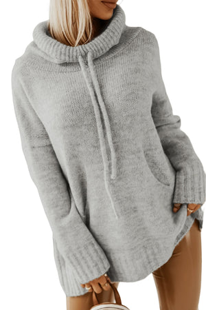 Gray Cowl Neck Drawstring Hooded Pullover Sweater