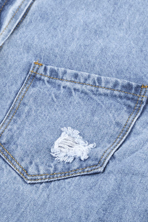 Green Casual Ripped Raw Hem Button Up Denim Shacket