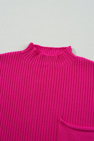 Green Patch Pocket Ribbed Knit Short Sleeve Sweater