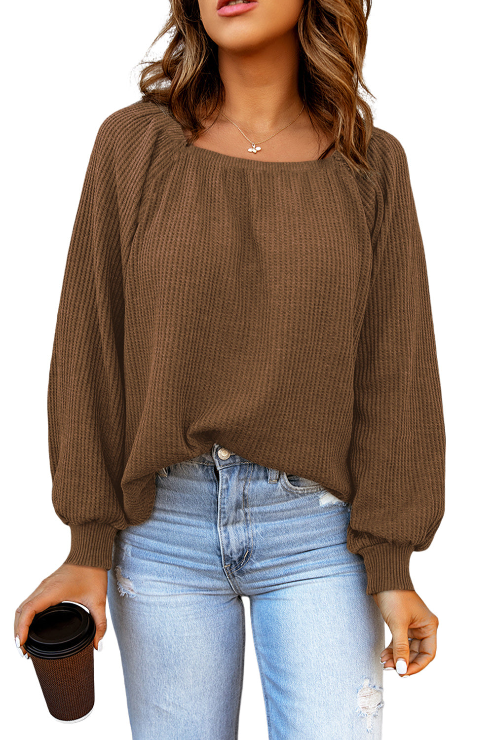 Pink Waffle Texture Casual Square Neck Pullover Top