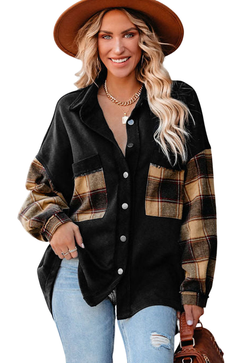 Rose Plaid Patchwork Chest Pockets Oversized Shirt Shacket