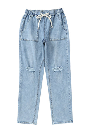 Sky Blue Gather Round Distressed Pocketed Denim Jogger