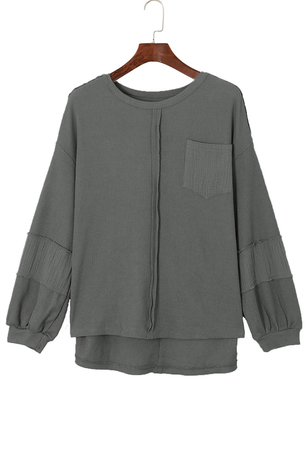 Black Waffle and Crinkle Patchwork Long Sleeve Top