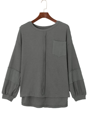 Black Waffle and Crinkle Patchwork Long Sleeve Top