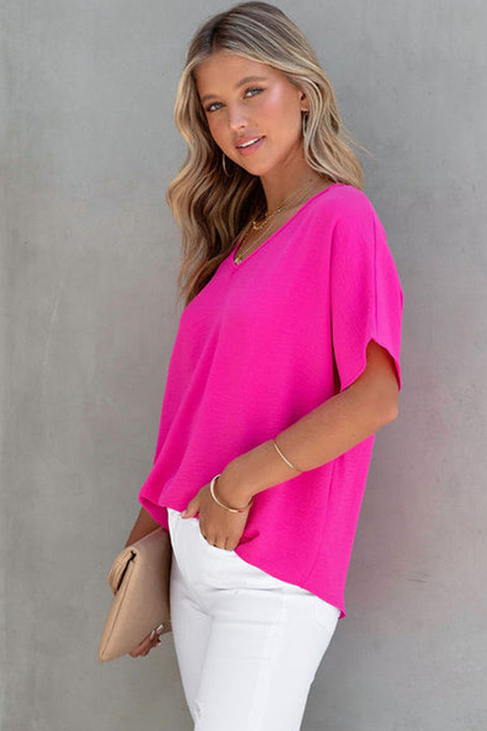 Pink Solid V Neck Textured Short Sleeve Plain Blouse