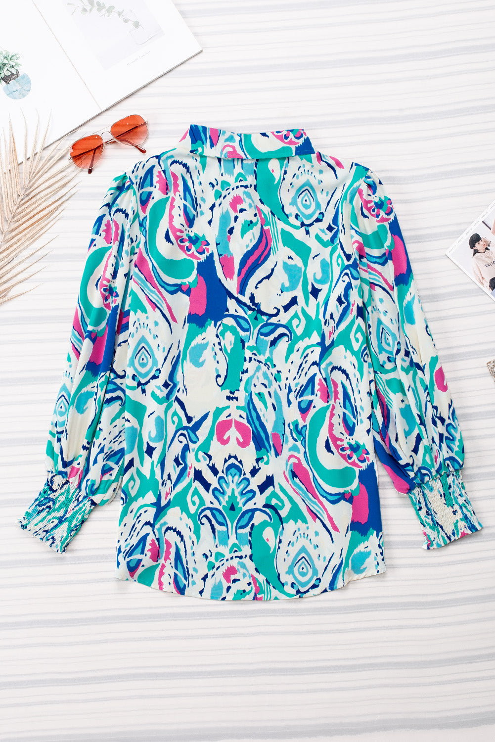 Sky Blue Paisley Print Lantern Sleeve Shirred Cuffs Blouse