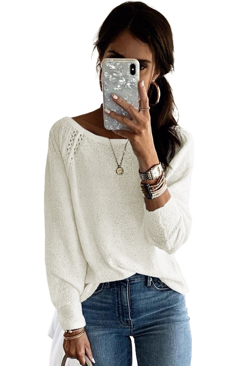 White Plain Raglan Sleeve Casual Pullover Sweater