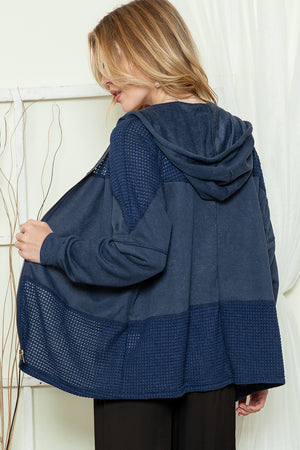 Khaki Dark Washed Patchwork Zip Up Hooded Jacket