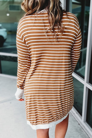 Brown Striped Side Pockets Open Front Long Cardigan