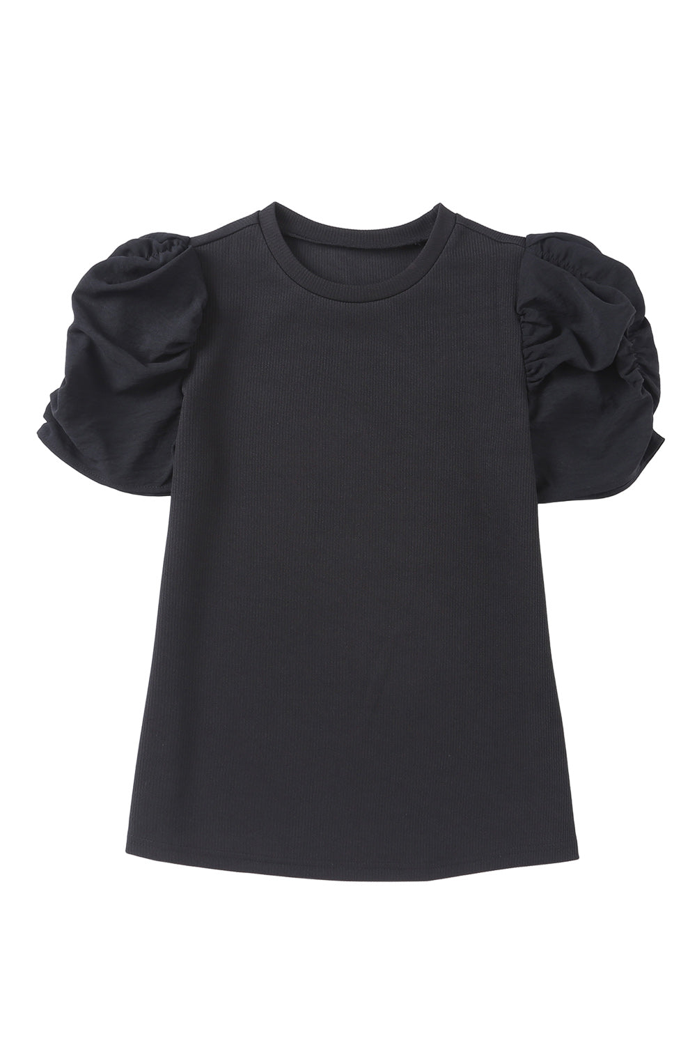 Black Ribbed Crew Neck Elegant Puff Sleeve Top