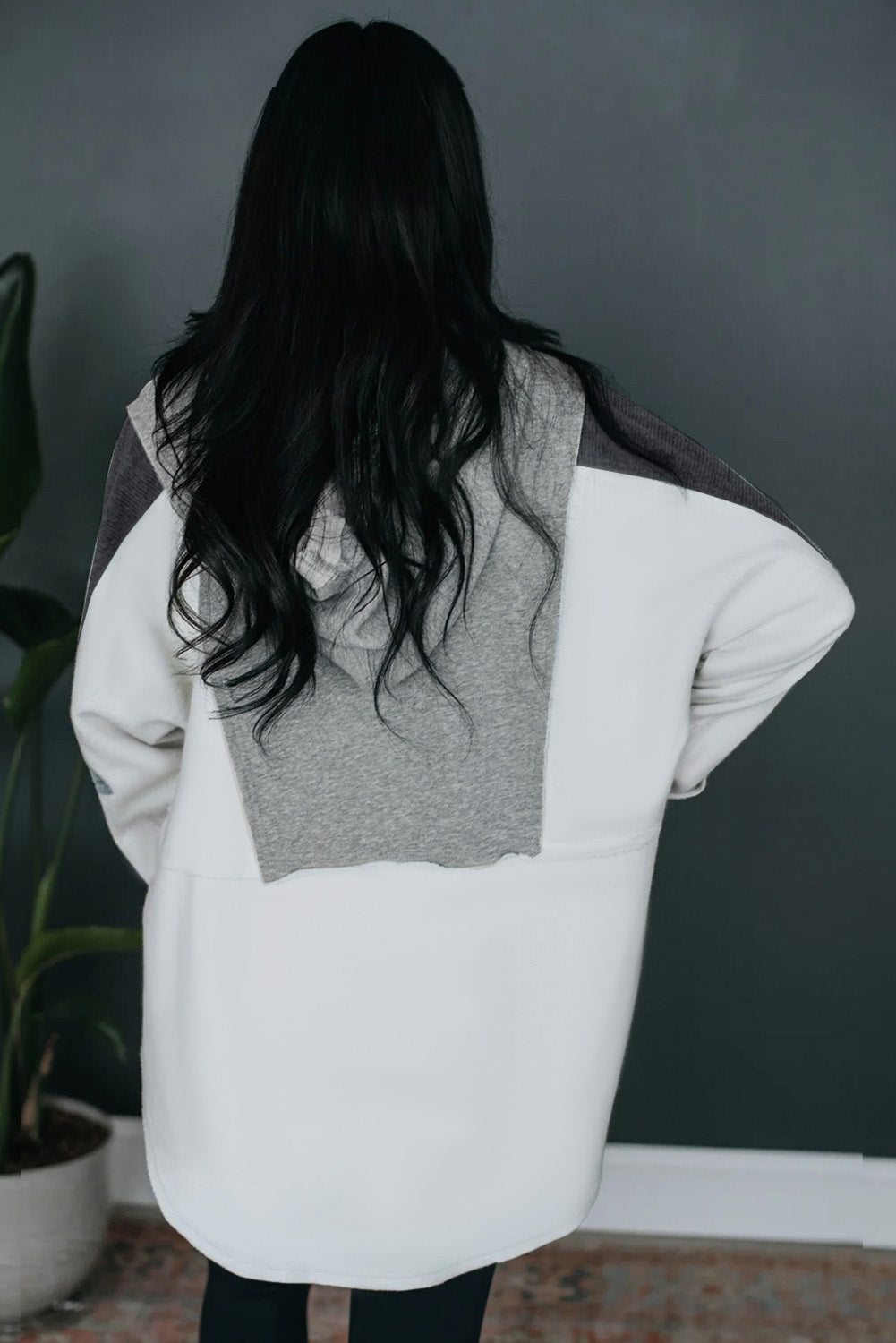 Grey Color Block Snap Button Exposed Seam Pullover Hoodie