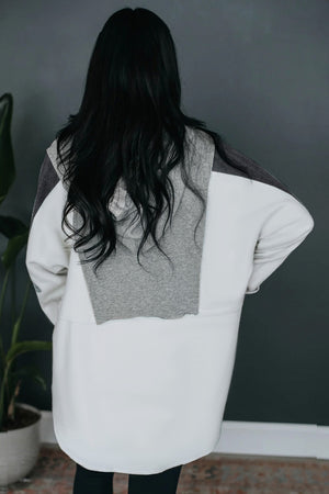 Grey Color Block Snap Button Exposed Seam Pullover Hoodie