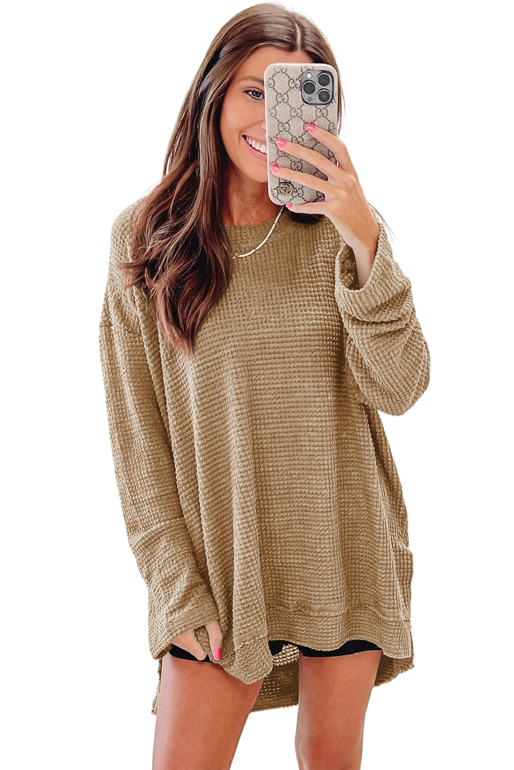 Black Plain Waffle Knit Drop Sleeve Side Slits Oversized Top