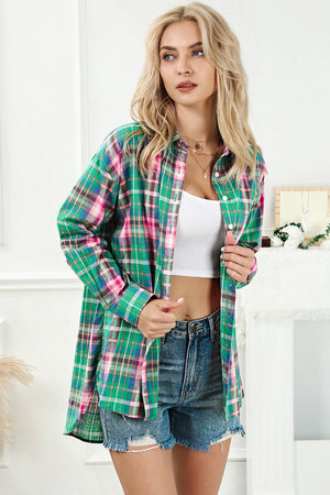 Green Plaid Long Sleeve Button Down Split Shirt