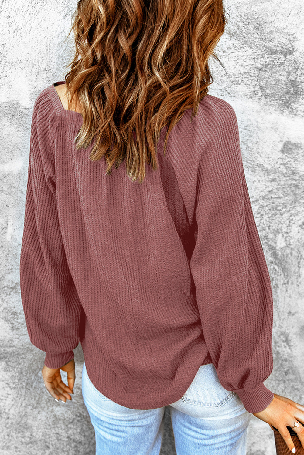 Pink Waffle Texture Casual Square Neck Pullover Top
