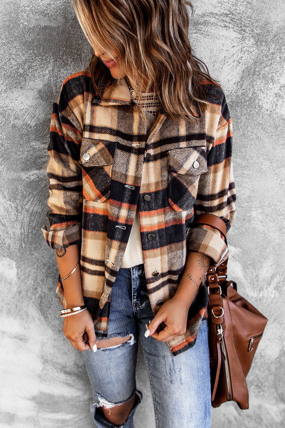 Brown Plaid Button Up Long Sleeve Flannel Jacket