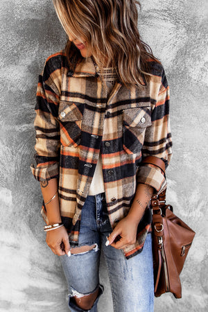 Brown Plaid Button Up Long Sleeve Flannel Jacket
