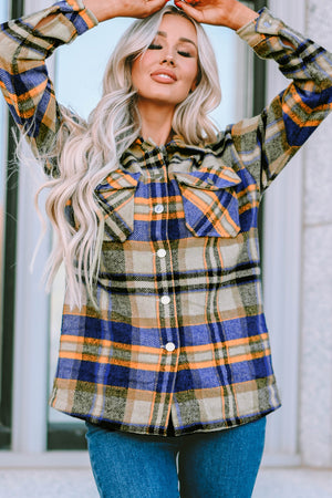 Brown Plaid Button Up Long Sleeve Flannel Jacket