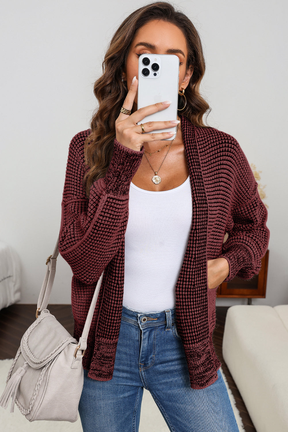 Gray Chunky Knit Pockets Drop Sleeve Cardigan