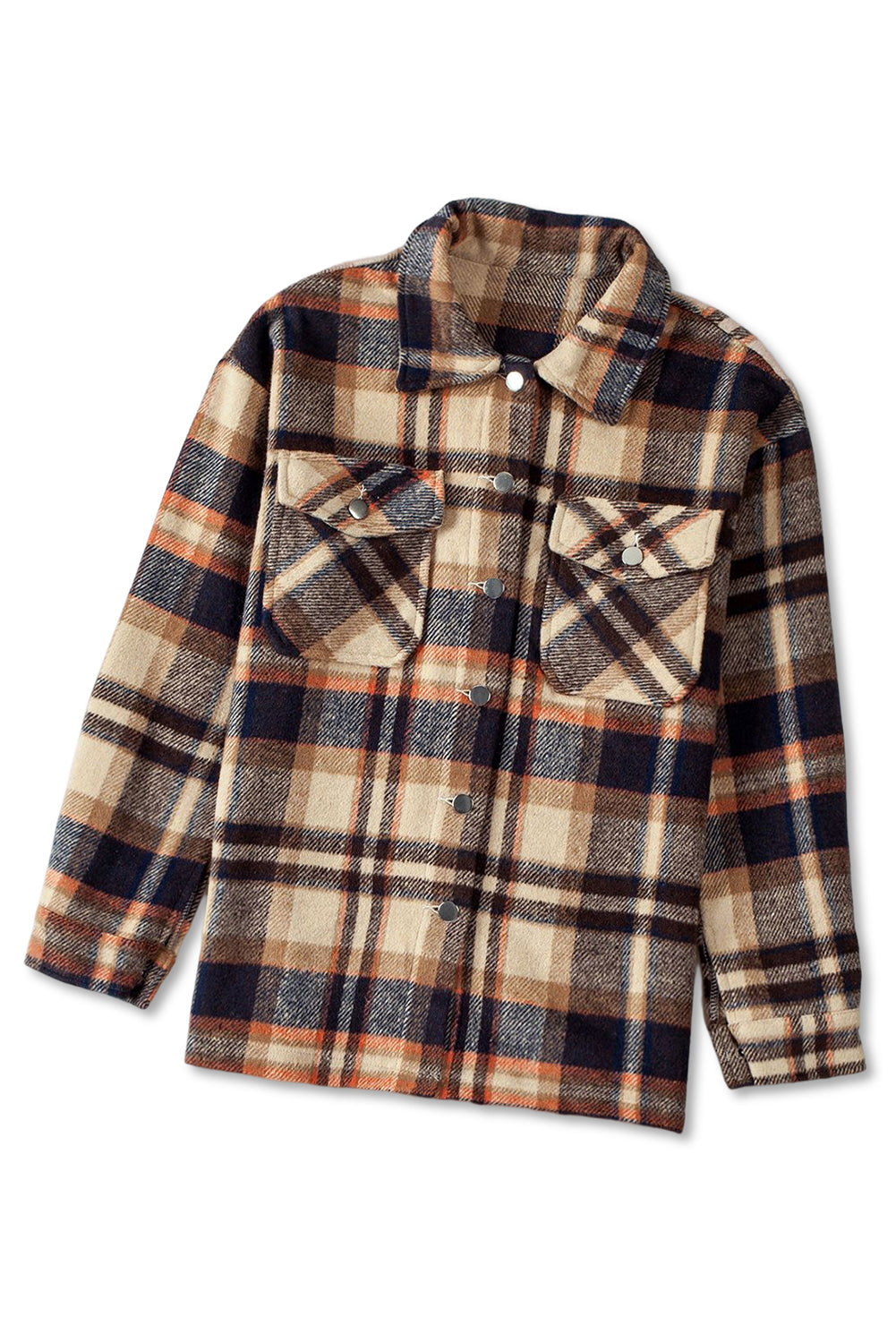 Brown Plaid Button Up Long Sleeve Flannel Jacket