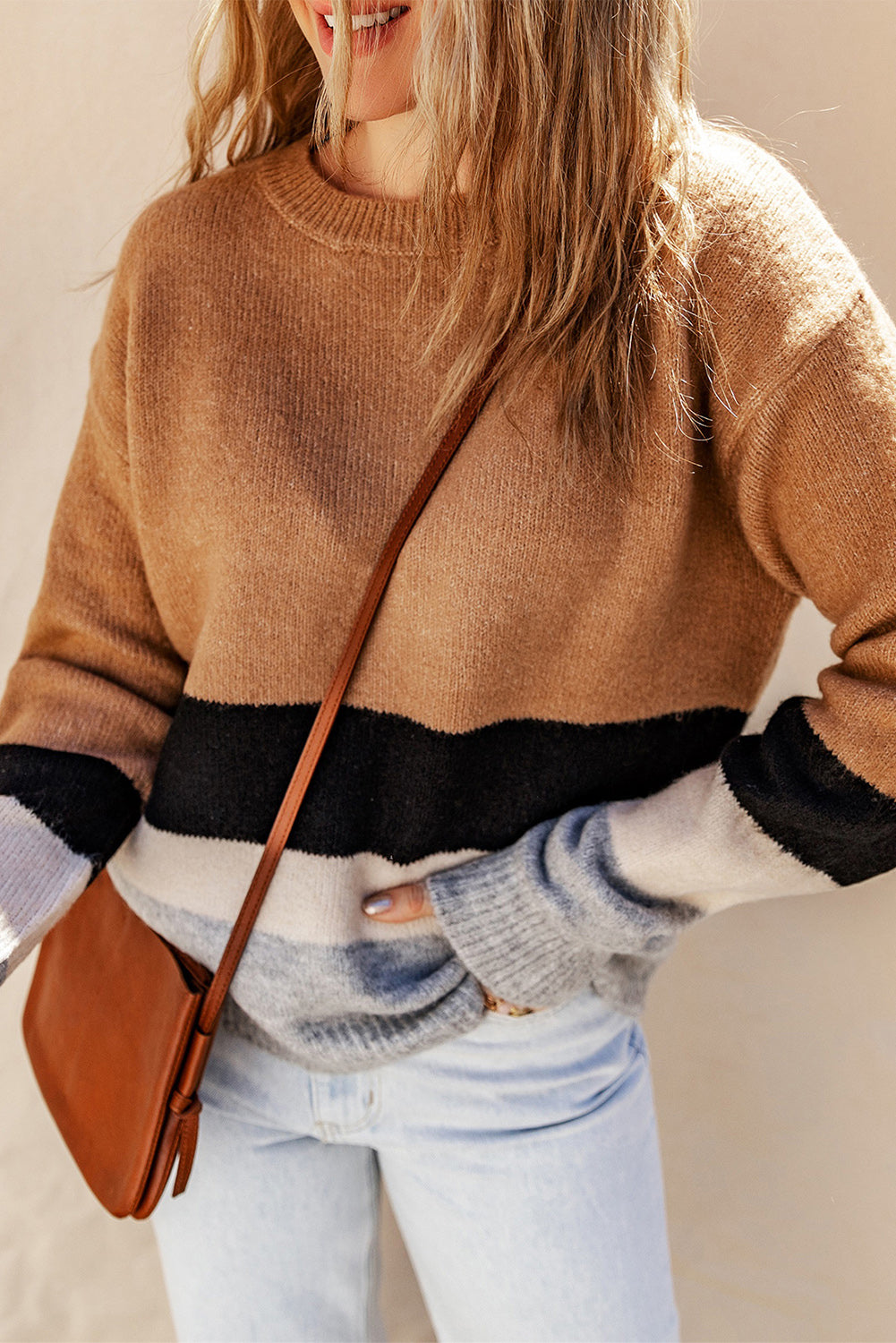 Brown Striped Bottom Colorblock Ribbed Knit Sweater