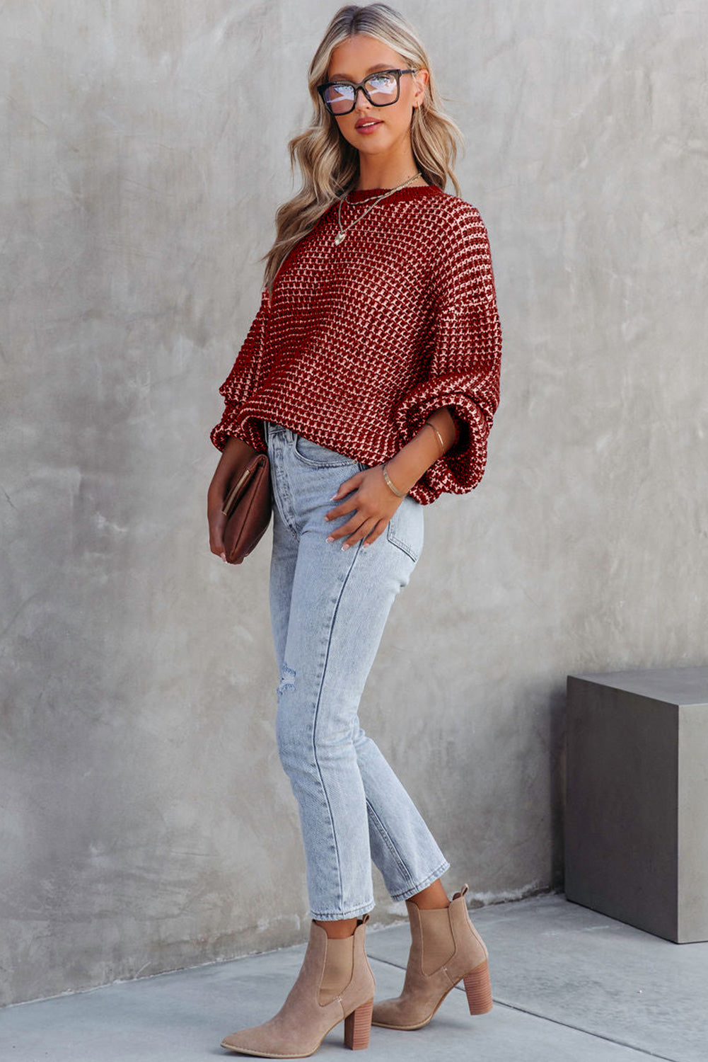 Green Heathered Knit Drop Shoulder Lantern Sleeve Sweater