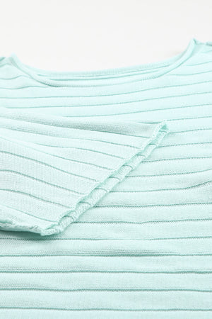 Apricot Solid Color Ribbed Knit 3/4 Sleeve Pullover Sweater