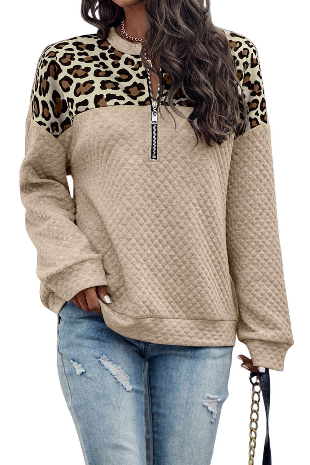 Gray Leopard Quilted Drop Shoulder Half Zipped Sweatshirt