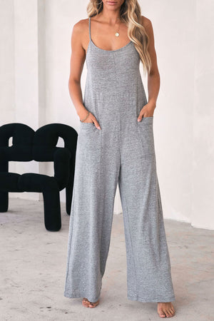 Gray Patch Pockets Spaghetti Strap Wide Leg Jumpsuit
