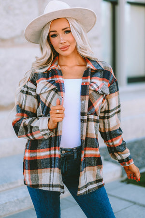 Brown Plaid Button Up Long Sleeve Flannel Jacket