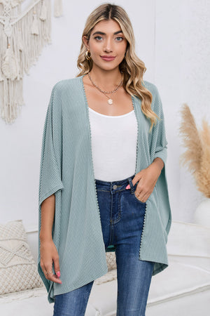 Black Textured Lace Trim Open Front Kimono Cardigan