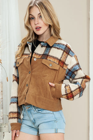 Green Plaid Corduroy Flap Pockets Boxy Chunky Jacket