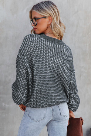Green Heathered Knit Drop Shoulder Lantern Sleeve Sweater